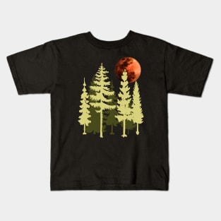 Vintage Conifers Landscape and Red Full Moon Kids T-Shirt